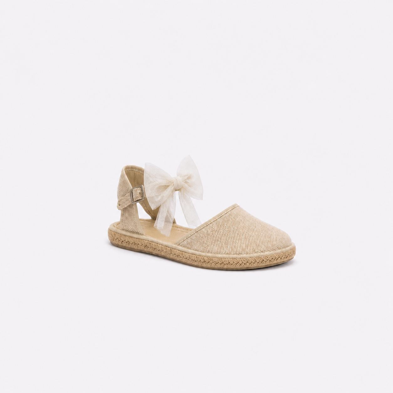 espardeña de lino beige con lazo de tul blanco