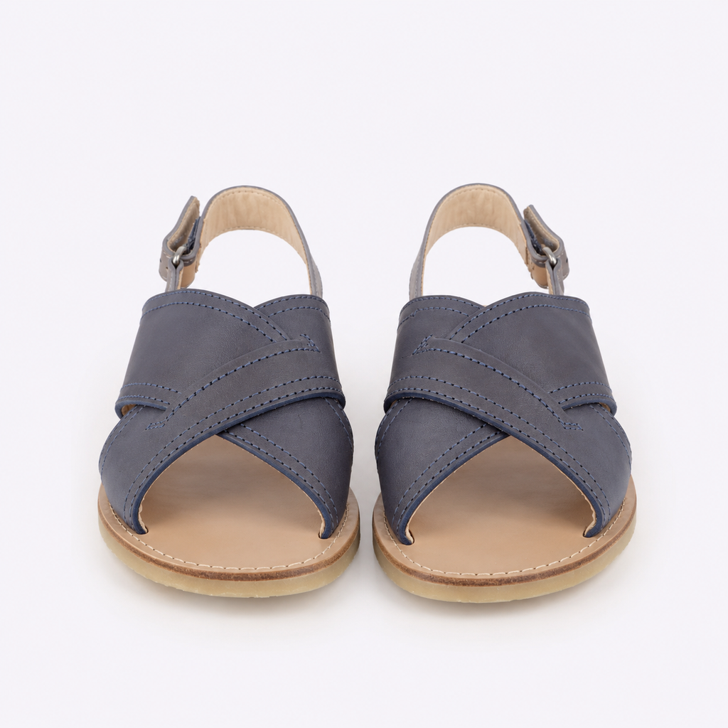 Sandalia de piel azul y gris claro