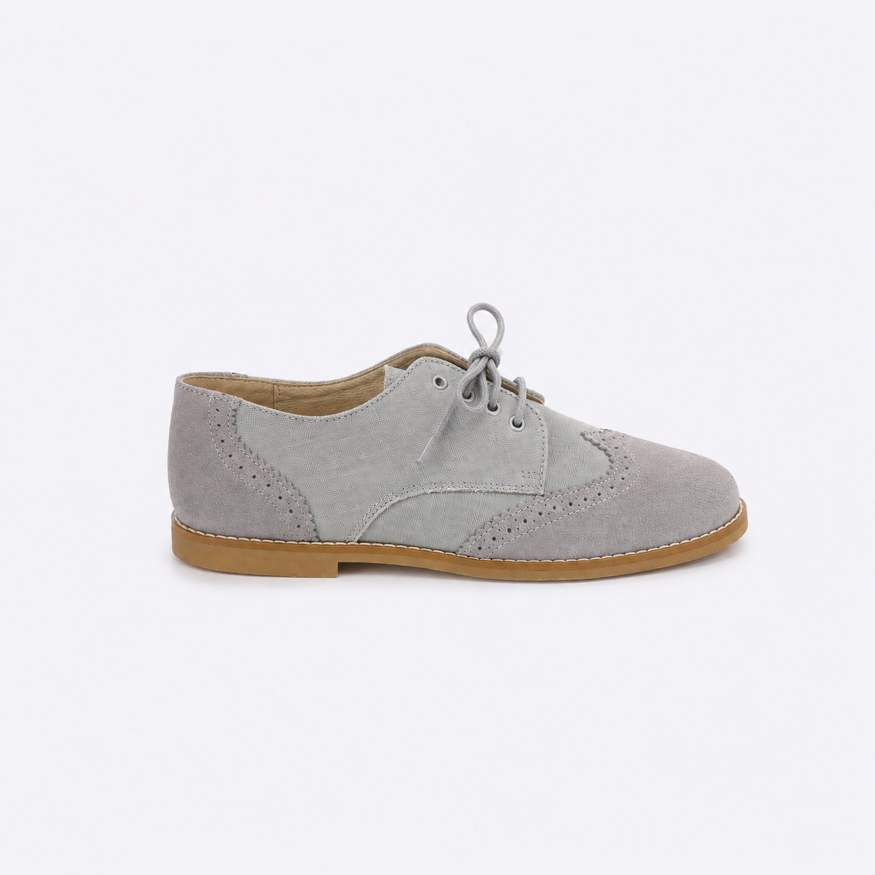 Blucher zapato lino y piel gris claro con bordados