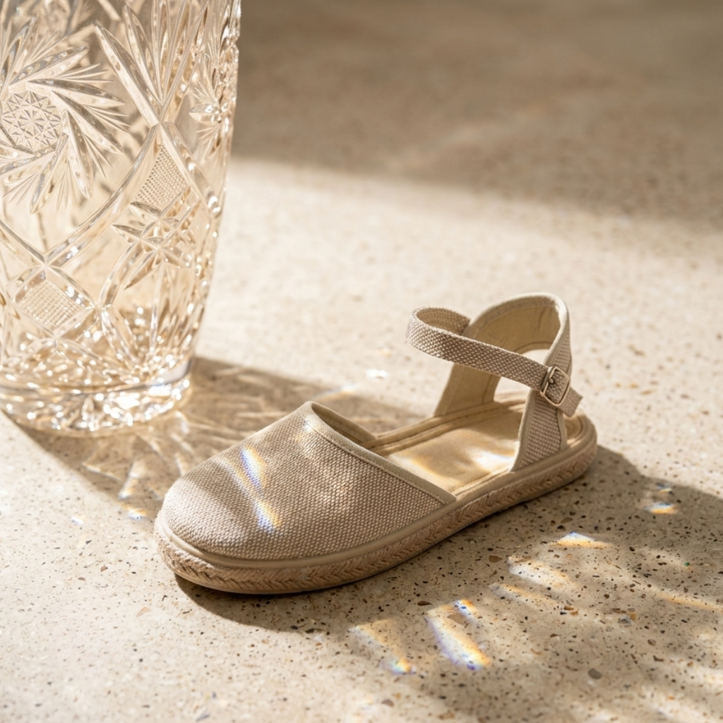 espardeña o alpargata de niña lino beige con reflejos de jarron tallado con luz natural del meiterraneo - Tiendas Papos