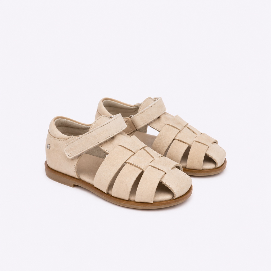 Sandalia cangrejera de piel envejecida beige unisex hecha en españa, tiendas papos, valencia