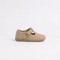 Zapato tipo pepito o lord de lino para niño en color taupe con cierre de hebilla, suela de goma y hecho en España - Tiendas Papos