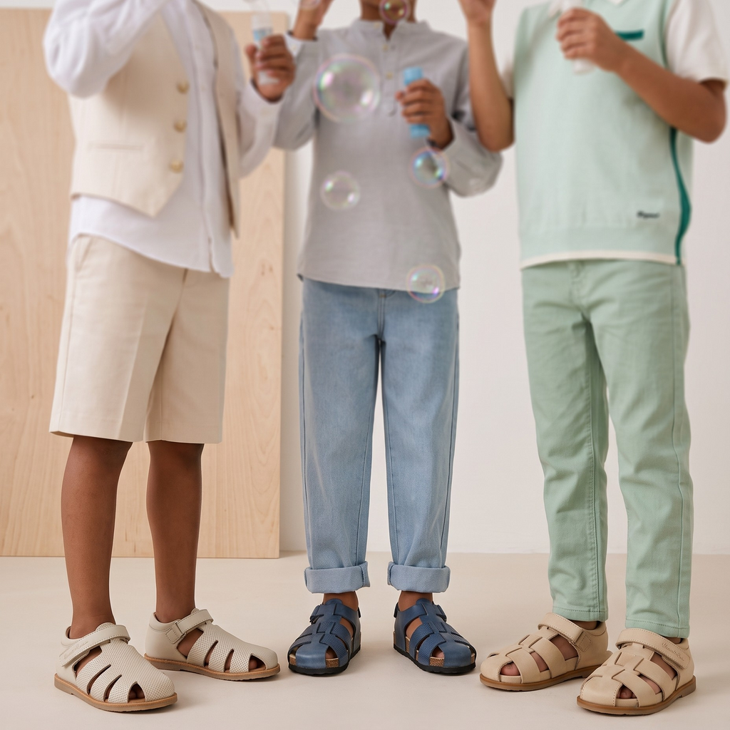 tres niños jugando a hacer pompas de jabon llevan ropa arreglada y en los pies unas sandalias cangrejeras de piel en azul, beige y crudas, perfectas para el verano con cierre de velcro, disponibles en tiendas papos 1975, valencia