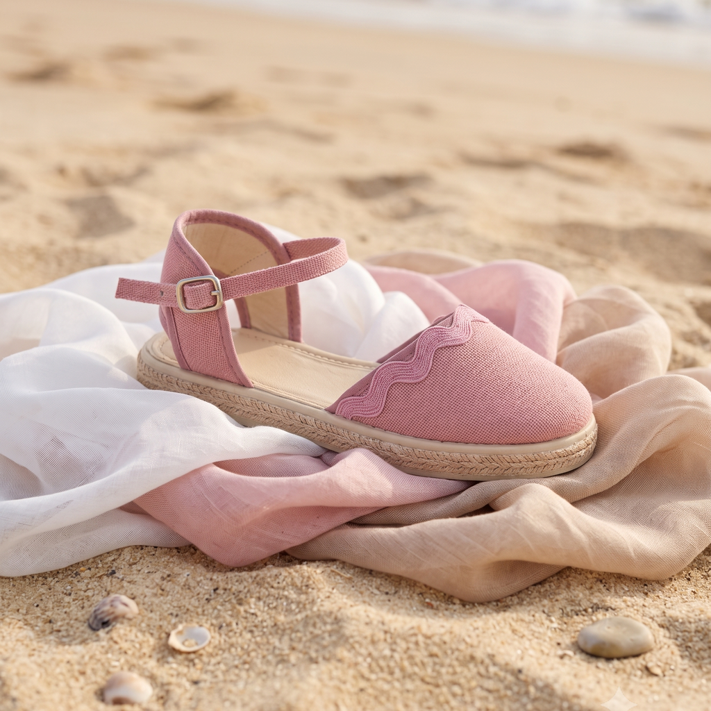 Alpargata de lino rosa para niña con cinta bordada y hebilla sobre telas de colores en la arena de la playa - Tiendas Papos