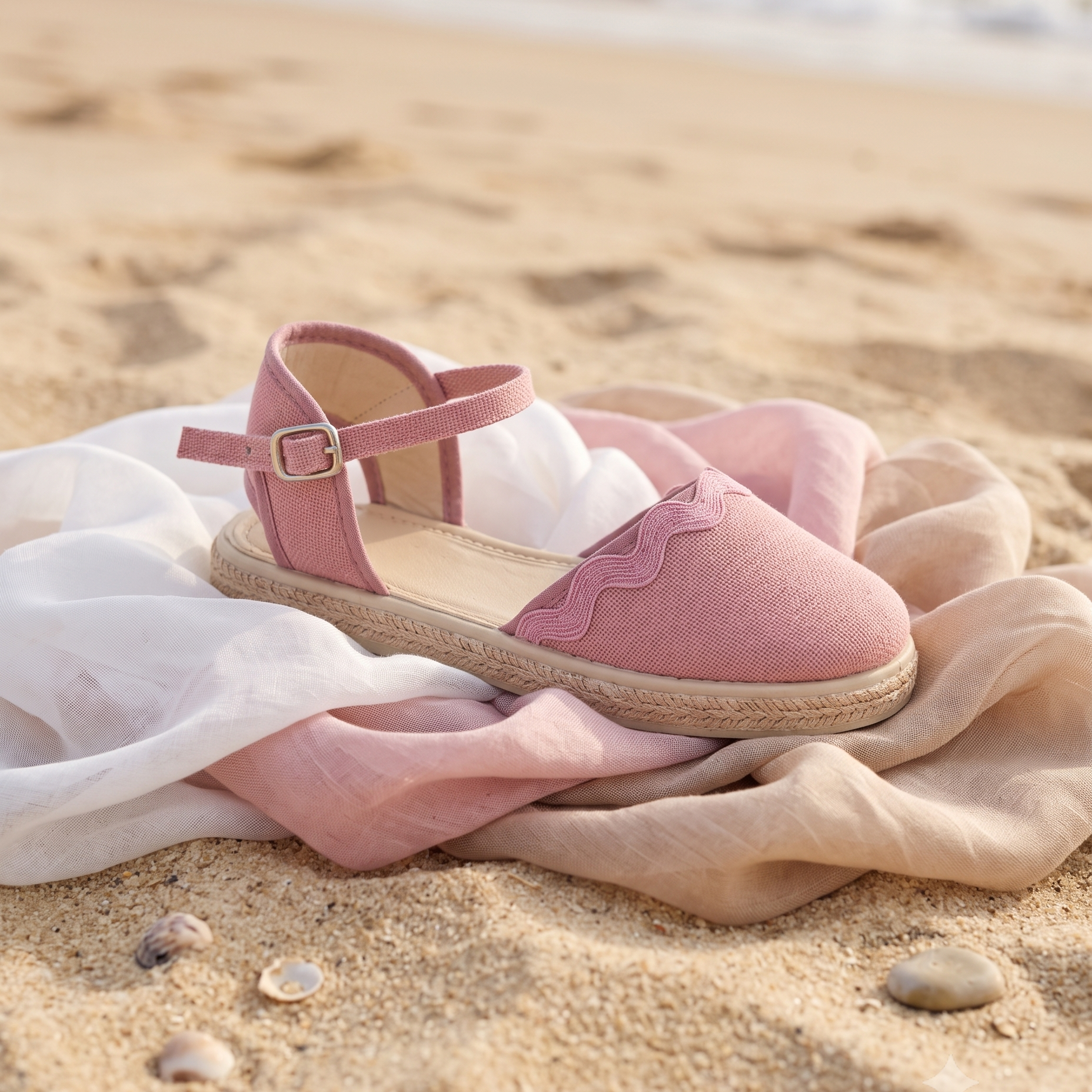 Alpargata de lino rosa para niña con cinta bordada y hebilla sobre telas de colores en la arena de la playa - Tiendas Papos